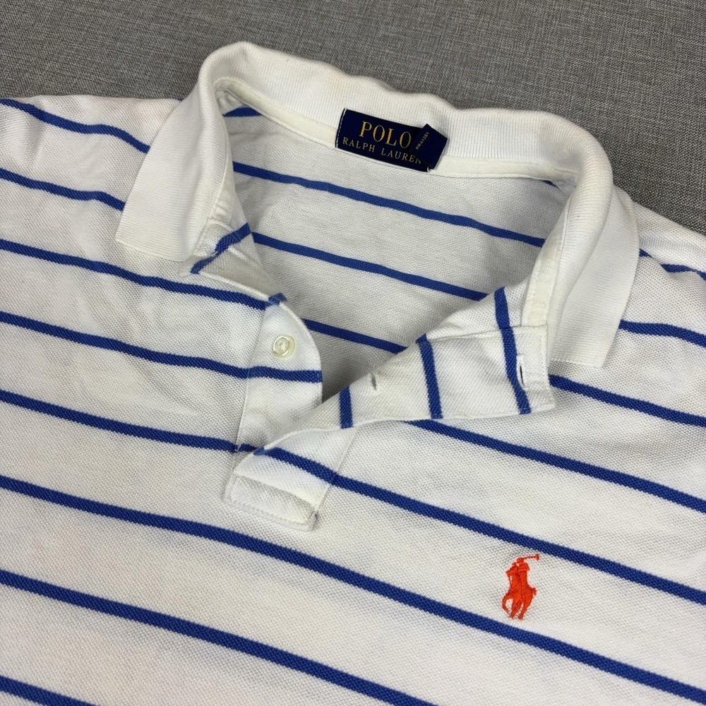Vintage Ralph Lauren Polo Shirt Mens L White Blue Striped Short Sleeve Logo